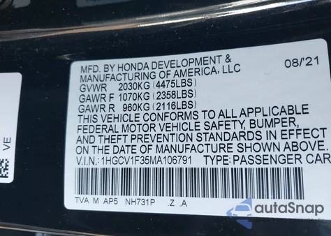 2021 Honda Accord Sport from USA, damaged, VIN 1HGCV1F35MA106791